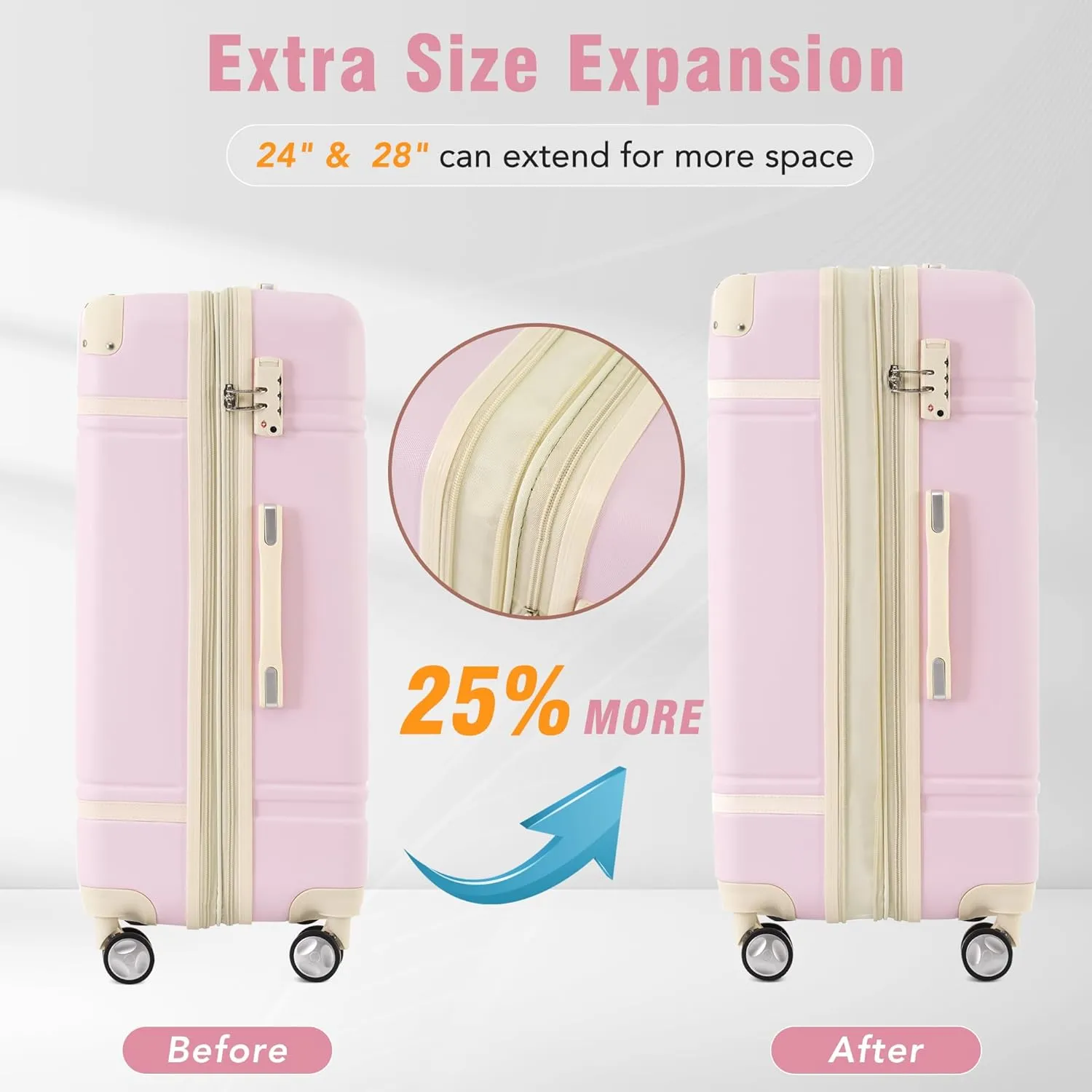 Merax Luggage Set 3 Piece Suitcase Set with Cosmetic Case Expandable Spinner Wheels Vintage Luggage Sets(Light Pink,20" 24" 28")