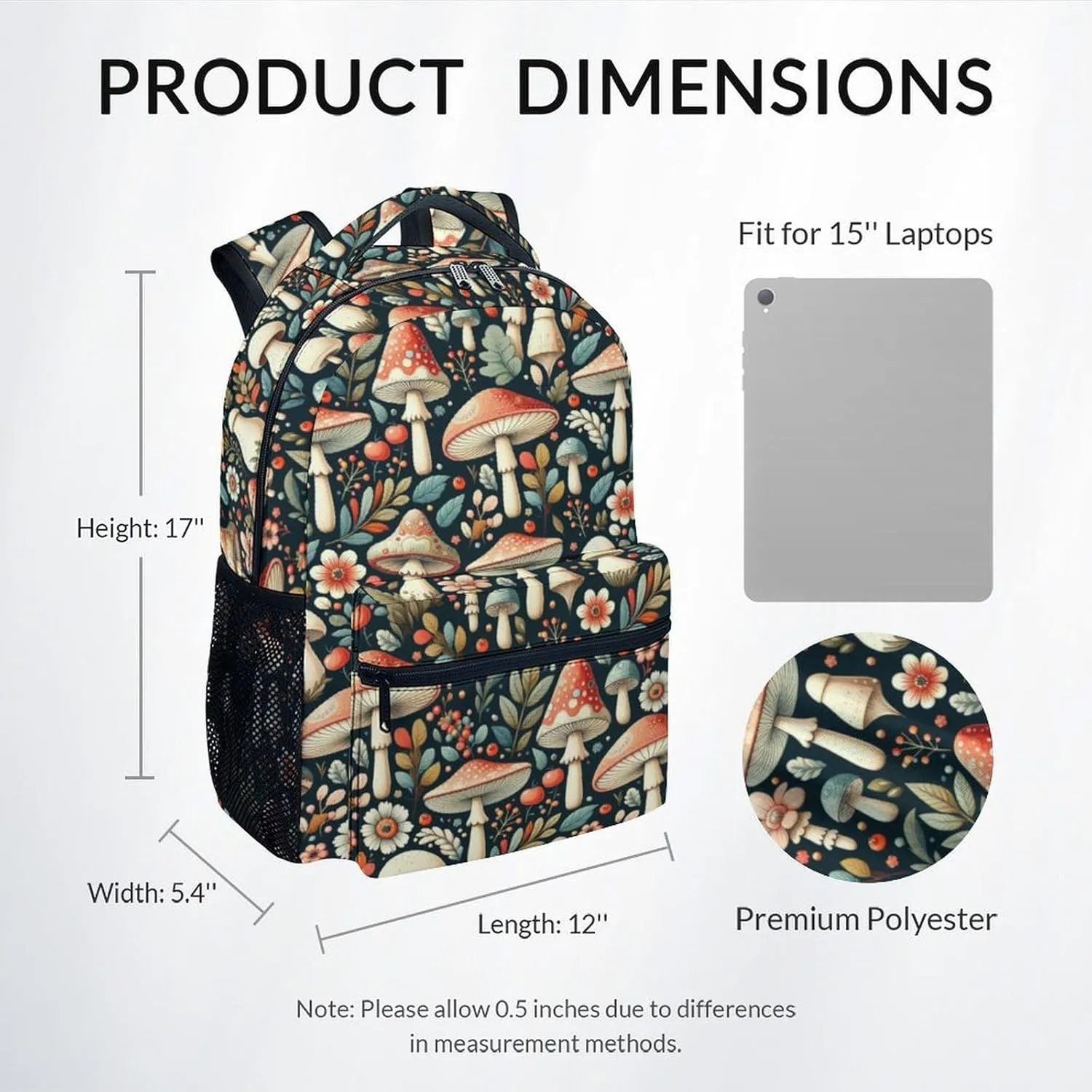 Mercuryelf School Backpack for Boys - 17 Inch Large Capacity Kid Backpack for School, Travel and Camp - Black Lightweight Durable Mushroom Bookbag