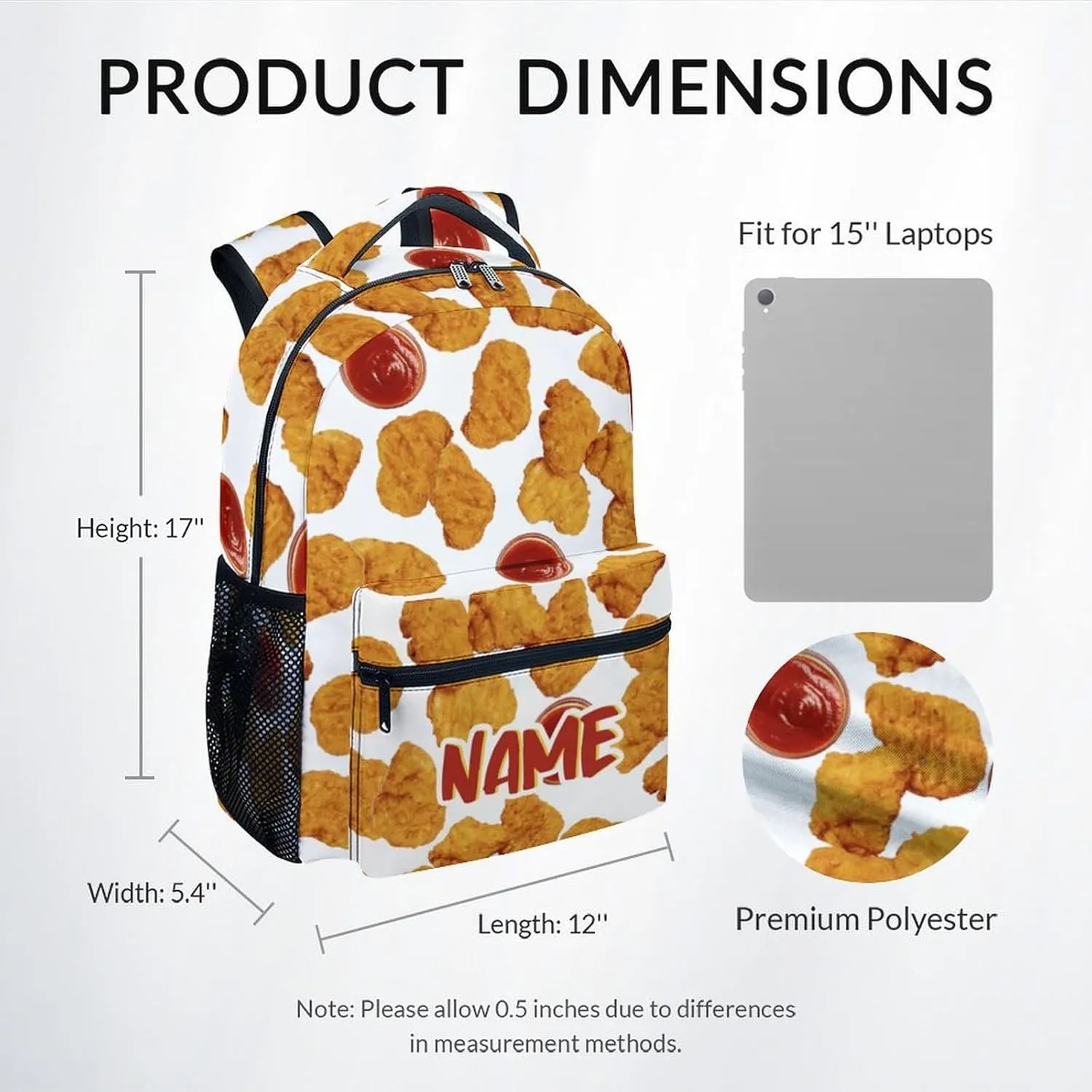 Mercuryelf School Backpack for Boys - 17 Inch Large Capacity Kid Backpack for School, Travel and Camp - Custom Lightweight Durable Chicken Nugget Bookbag