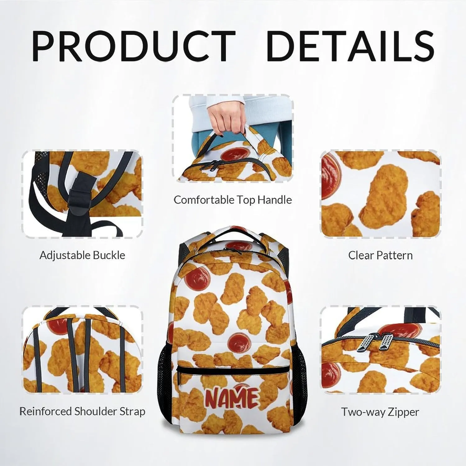 Mercuryelf School Backpack for Boys - 17 Inch Large Capacity Kid Backpack for School, Travel and Camp - Custom Lightweight Durable Chicken Nugget Bookbag