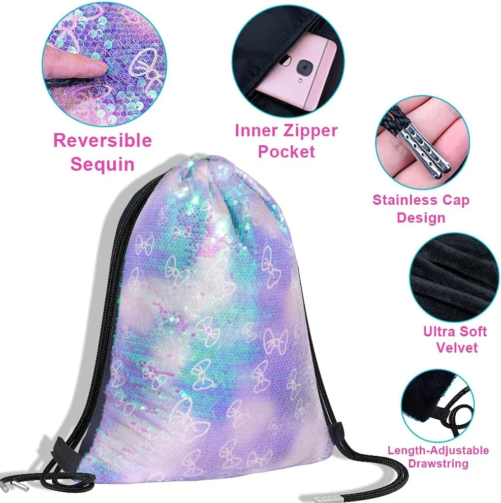 Mermaid Reversible Sequin Drawstring Backpack, Dance Bag for Girls Kids Beach Party Birthday Christmas Gift with Keychain