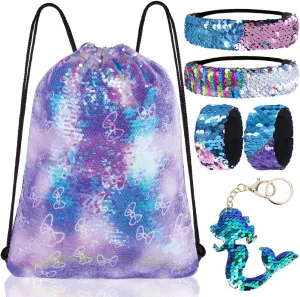 Mermaid Reversible Sequin Drawstring Backpack, Dance Bag for Girls Kids Beach Party Birthday Christmas Gift with Keychain