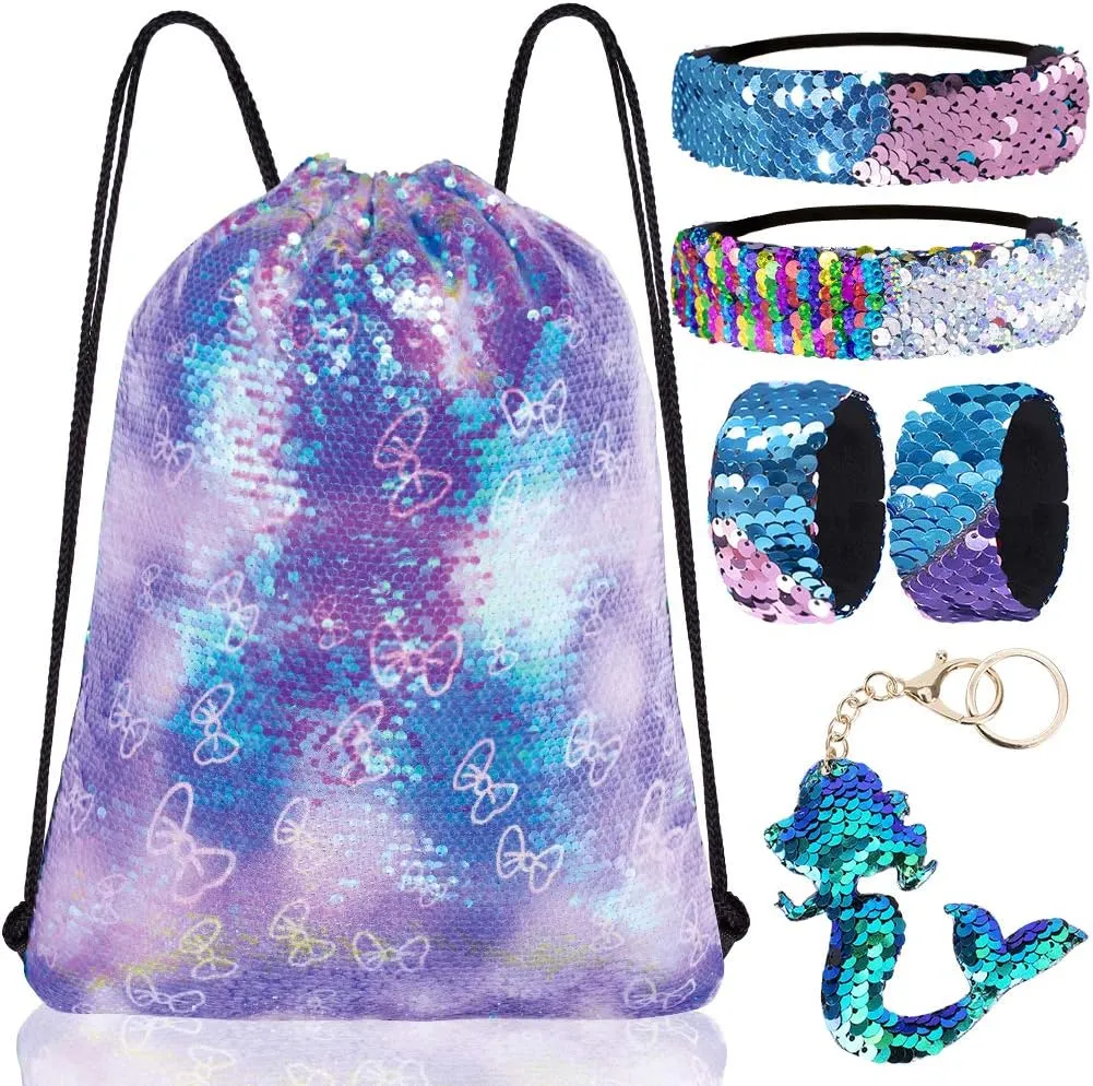 Mermaid Reversible Sequin Drawstring Backpack, Dance Bag for Girls Kids Beach Party Birthday Christmas Gift with Keychain