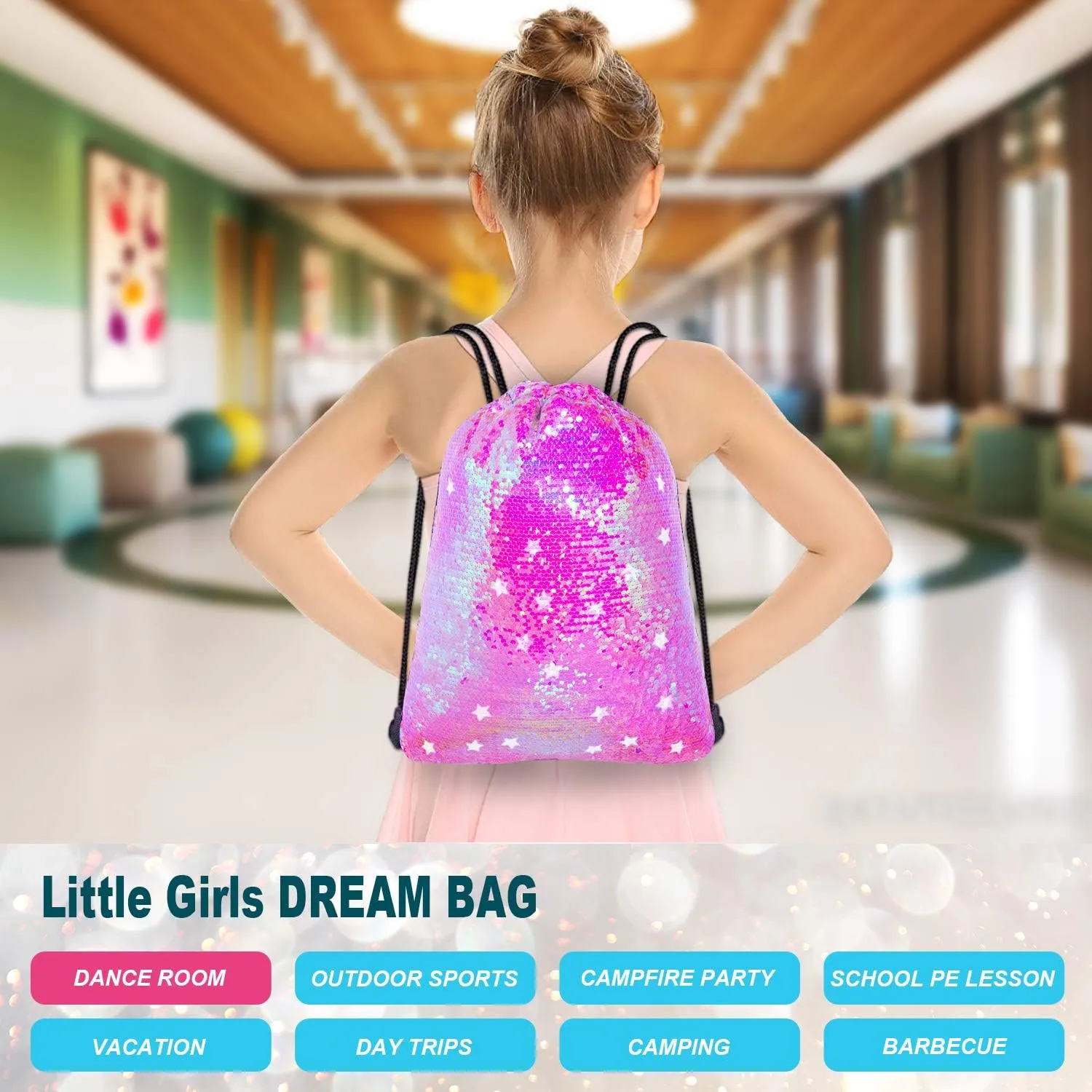 Mermaid Reversible Sequin Drawstring Backpack, Dance Bag for Girls Kids Beach Party Birthday Christmas Gift with Keychain