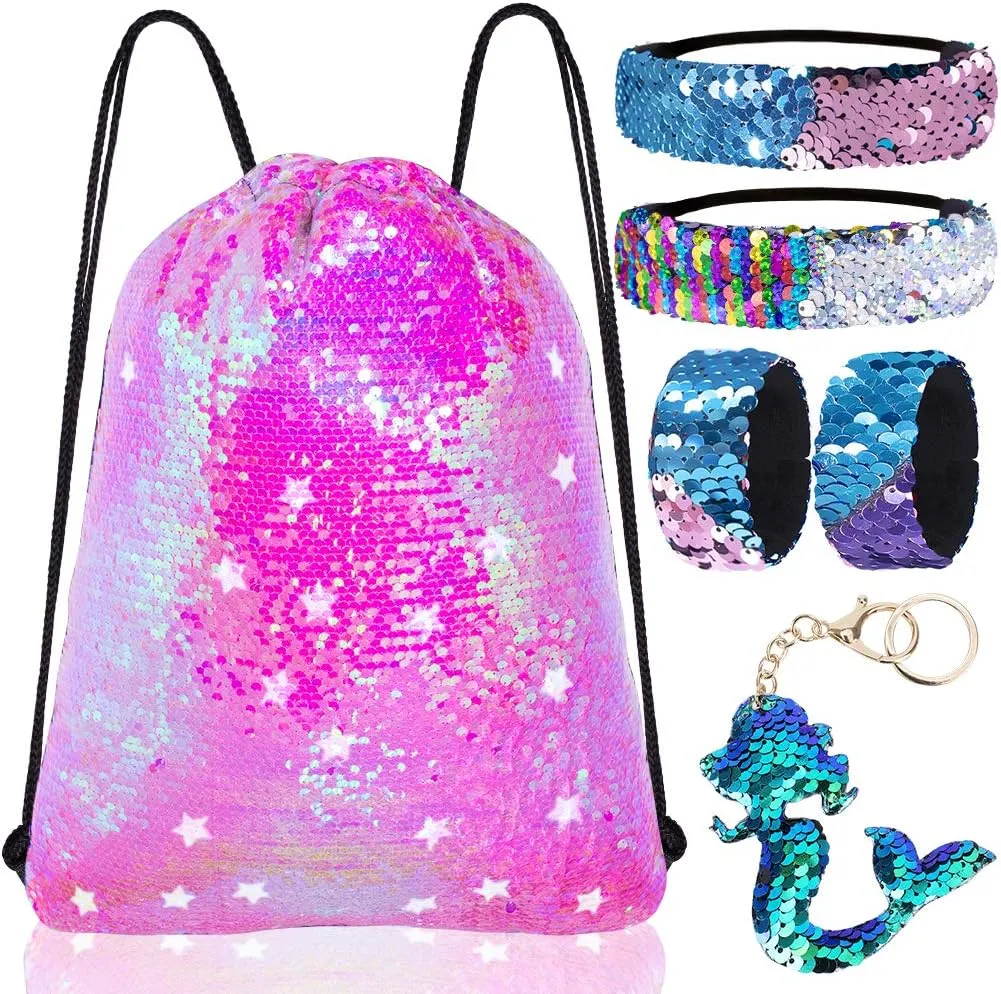 Mermaid Reversible Sequin Drawstring Backpack, Dance Bag for Girls Kids Beach Party Birthday Christmas Gift with Keychain