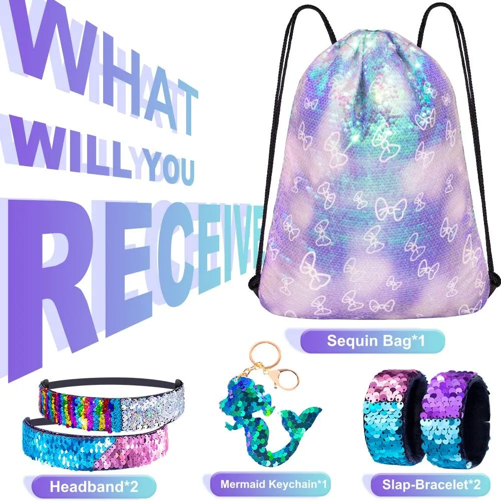 Mermaid Reversible Sequin Drawstring Backpack, Dance Bag for Girls Kids Beach Party Birthday Christmas Gift with Keychain