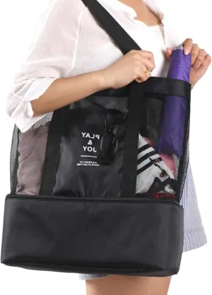 Mesh Tote Bag, Nylon Large Capacity Beach Tote Double Layer Mesh Shoulder Bag Large Beach Tote Bag with Cooler Layer for Outdoor Camping