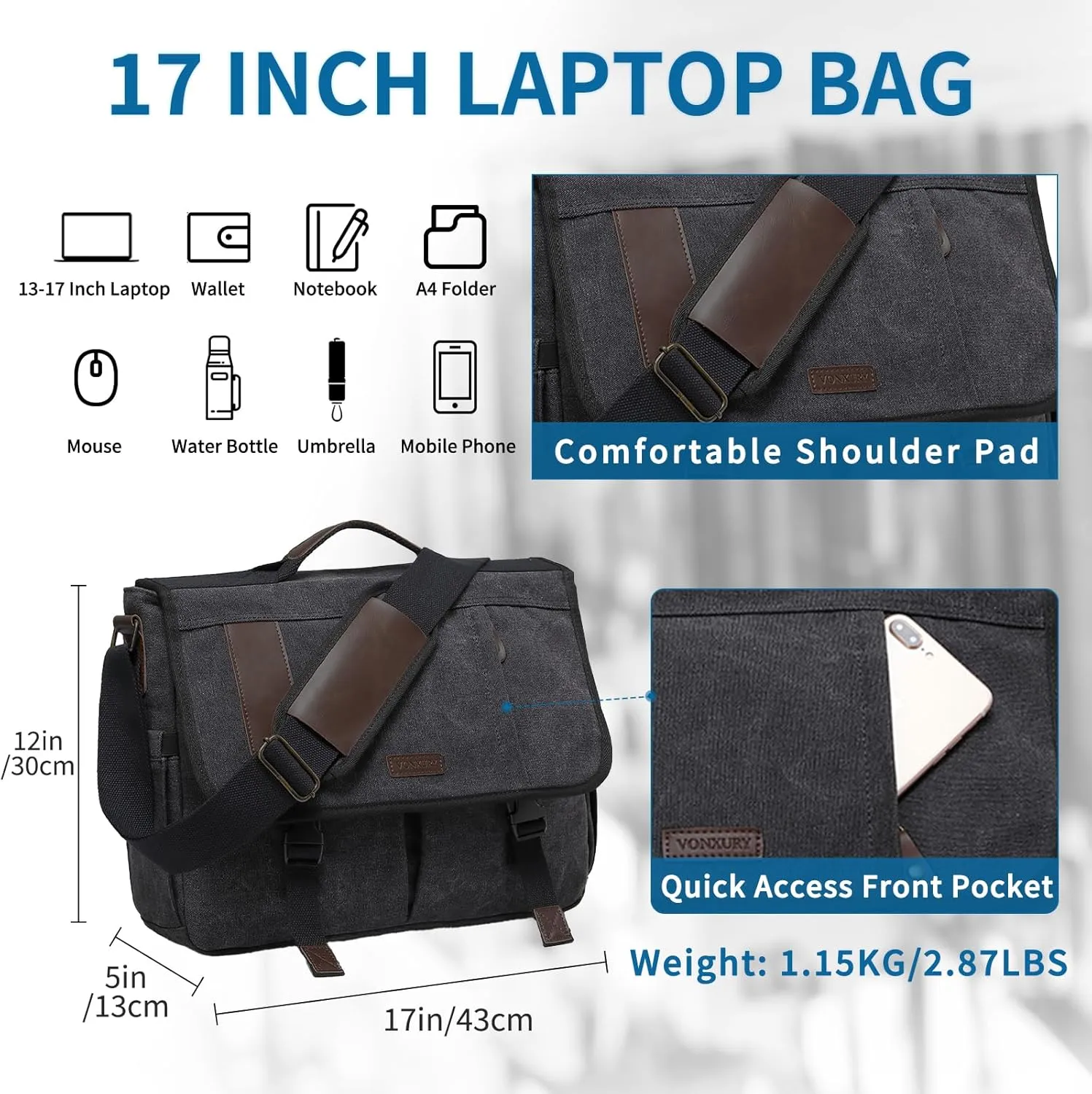 Messenger Bag, 17 In Laptop Bag Water Resistant Canvas Shoulder Bag Satchel Briefacse for Men by VONXURY