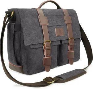Messenger Bag for Men,13-14-15.6 Inch Laptop Bag, Vintage Heavyweight Canvas Satchel Bag, Leather Briefcase for School Work Travel (Grey)
