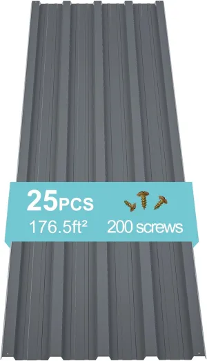 Metal Roof Panels 25 pcs 176.5 ft² Galvanized Steel Corrugated Tin Roofing Panels Gazebo Top Cover Garages,Sheds, Stables and Mobile Homes Replacement for Patio Outdoor Garden, Gray