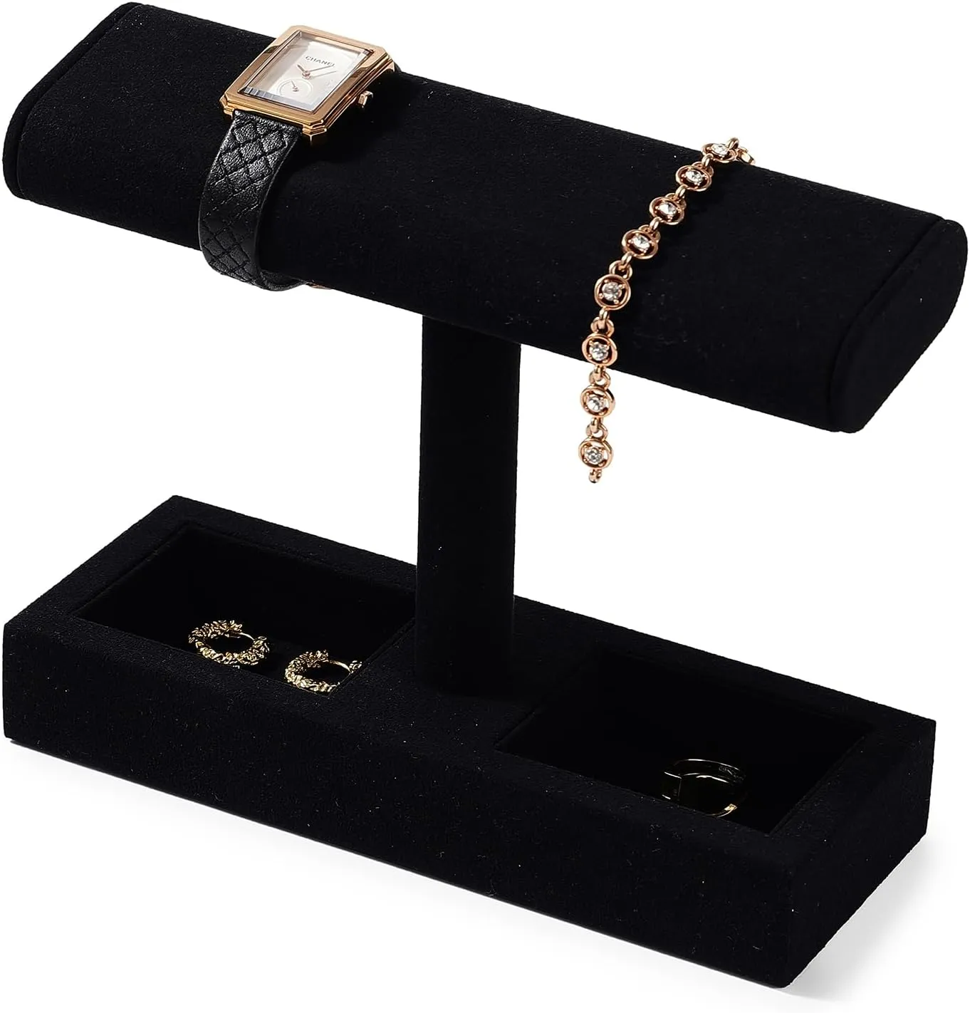 Microfiber Watch Display Stand T-bar Watch Ring Earrings Stand for Men and Women Jewelry Bracelet Wristwatch Organizer for Store and Home(Black)