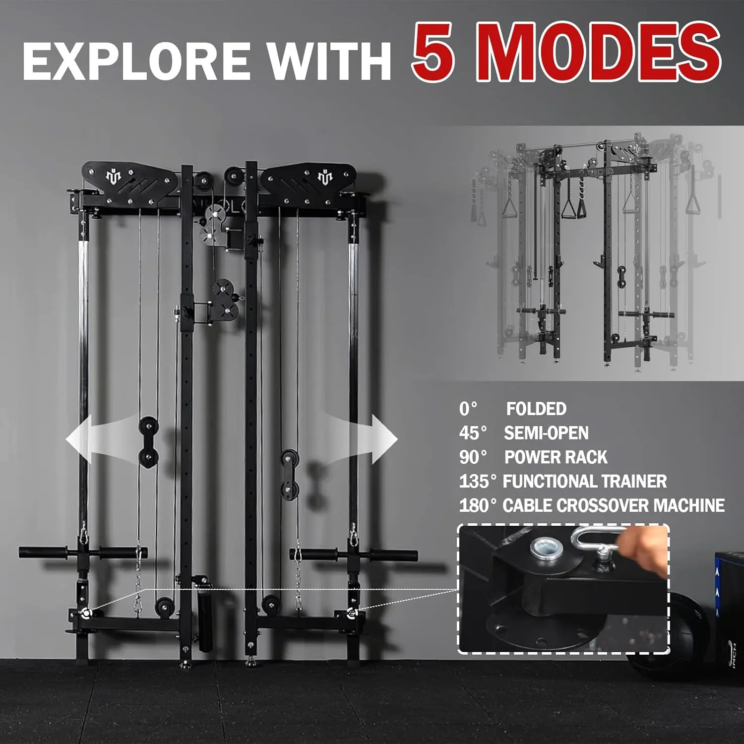 Mikolo Folding Squat Rack, Wall Mounted Power Rack with Cable Crossover Machine & LAT Pull Down, Functional Trainer with 5 Adjustable Function Modes, for Home Gym and Space Saving