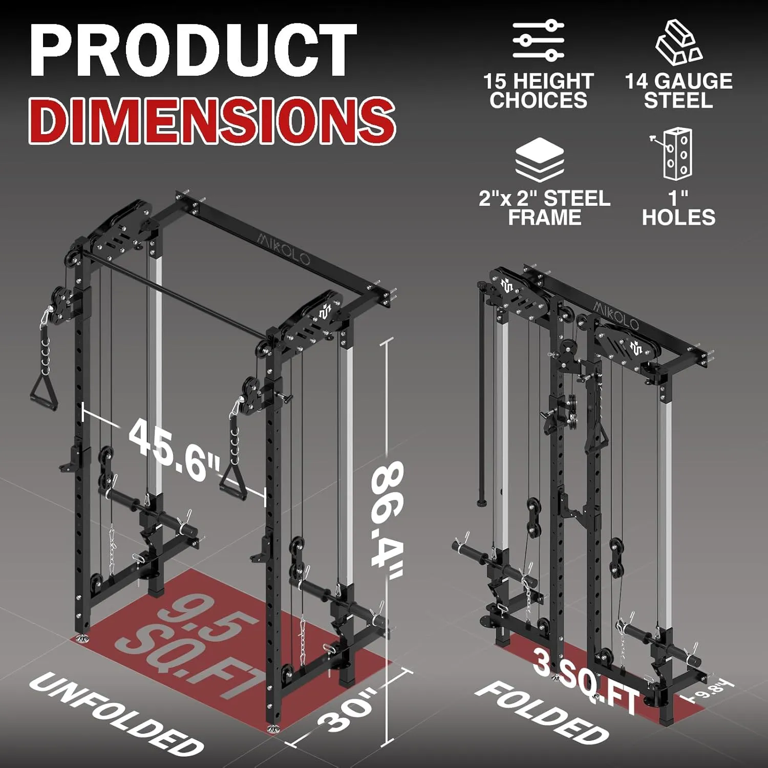 Mikolo Folding Squat Rack, Wall Mounted Power Rack with Cable Crossover Machine & LAT Pull Down, Functional Trainer with 5 Adjustable Function Modes, for Home Gym and Space Saving