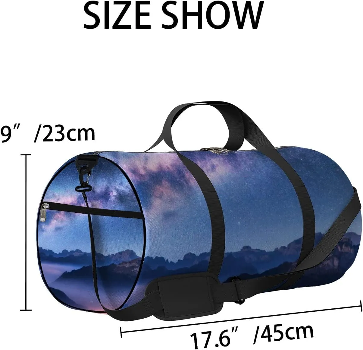 Milky Way Above Mountains Fog Night Sports Bag Tote Bag Waterproof Gym Bag with Shoulder Strap Zipper 2 Side Pockets for Men and Women, Travel and Storage Shoulder Bag.