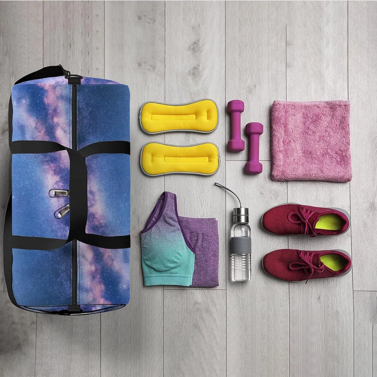 Milky Way Above Mountains Fog Night Sports Bag Tote Bag Waterproof Gym Bag with Shoulder Strap Zipper 2 Side Pockets for Men and Women, Travel and Storage Shoulder Bag.