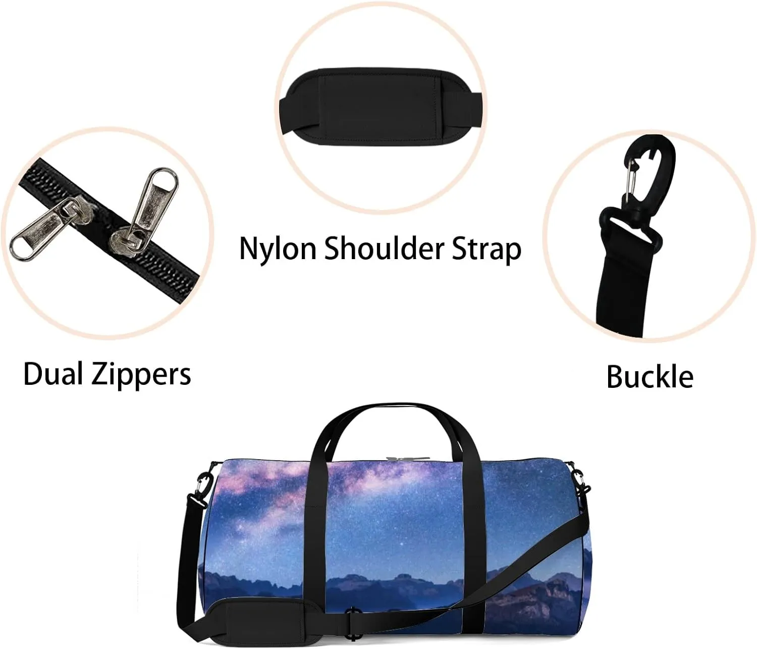 Milky Way Above Mountains Fog Night Sports Bag Tote Bag Waterproof Gym Bag with Shoulder Strap Zipper 2 Side Pockets for Men and Women, Travel and Storage Shoulder Bag.