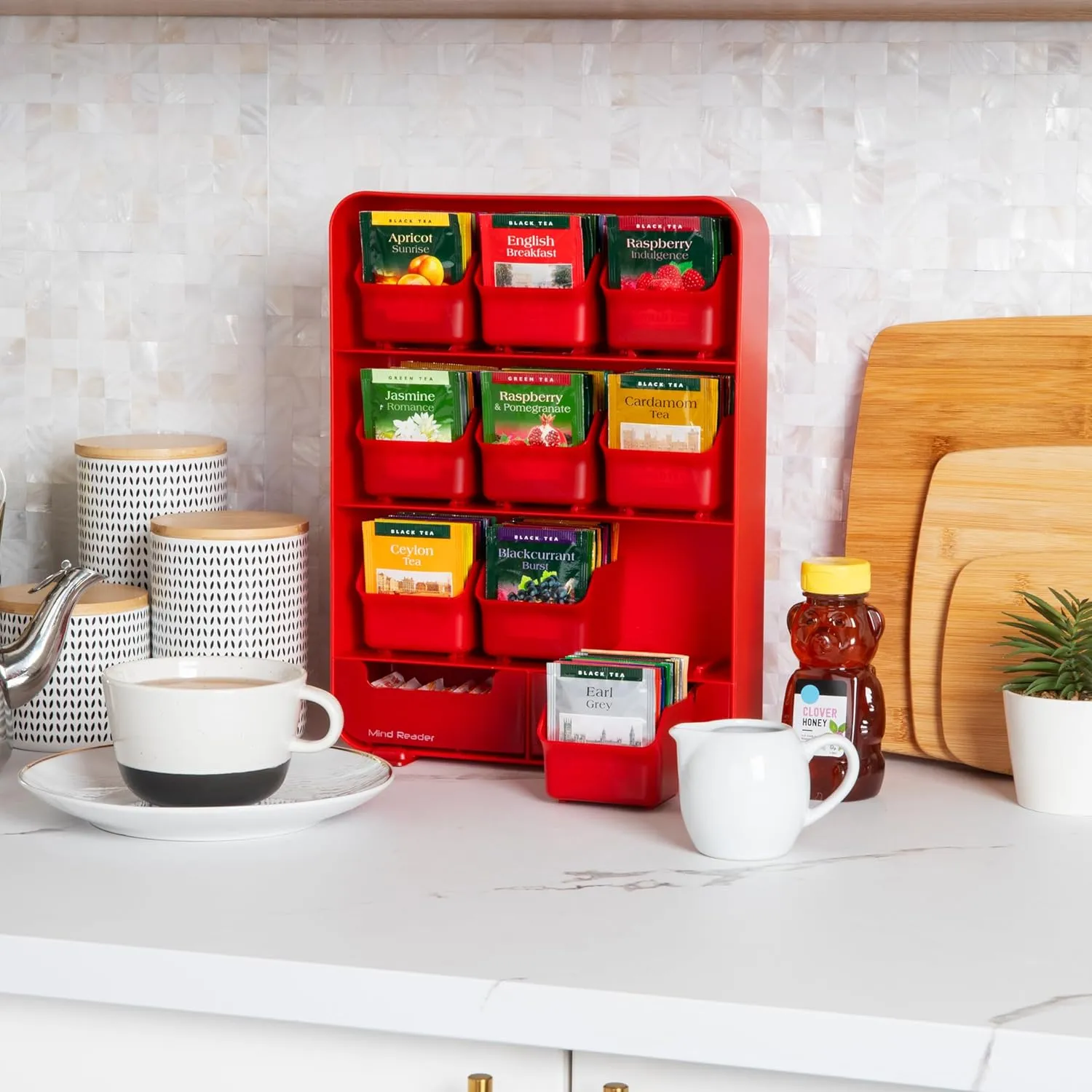 Mind Reader Tea Bag Organizer, Tea Station Organizer, Countertop Storage, Kitchen, Plastic, 10.25"L x 3.25"W x 13.75"H, Red