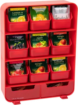Mind Reader Tea Bag Organizer, Tea Station Organizer, Countertop Storage, Kitchen, Plastic, 10.25"L x 3.25"W x 13.75"H, Red