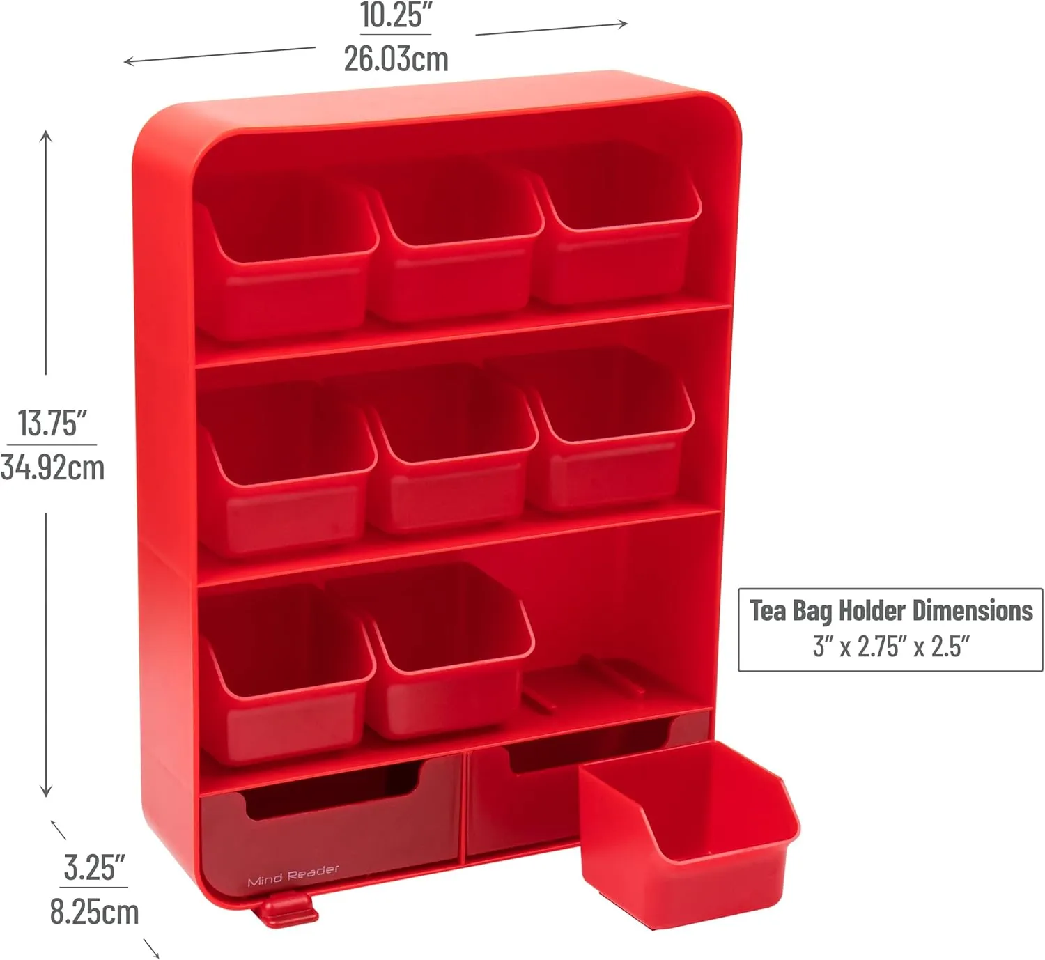 Mind Reader Tea Bag Organizer, Tea Station Organizer, Countertop Storage, Kitchen, Plastic, 10.25"L x 3.25"W x 13.75"H, Red