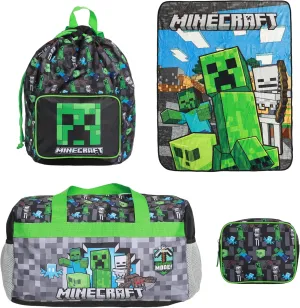 Minecraft Creeper 4-Piece Travel Set – Duffel Bag, Drawstring Backpack, Throw Blanket & Toiletry Bag – Stylish & Functional Luggage Bundle for Travel, Gym, and Everyday Use
