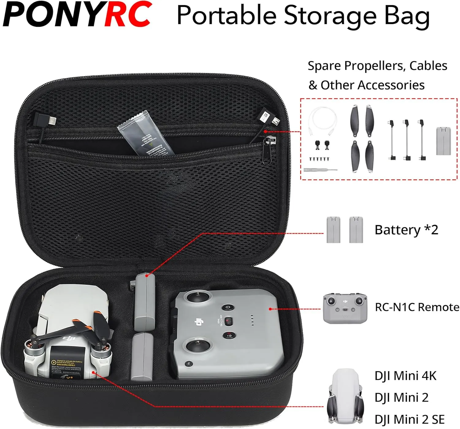 Mini 4K Carrying Case, PU Leather Travel Case, Portable Lightweight Storage Bag for DJI Mini 4K/ Mini 2/ Mini 2 SE Fly More Combo & Drone Accessories, PONY0073
