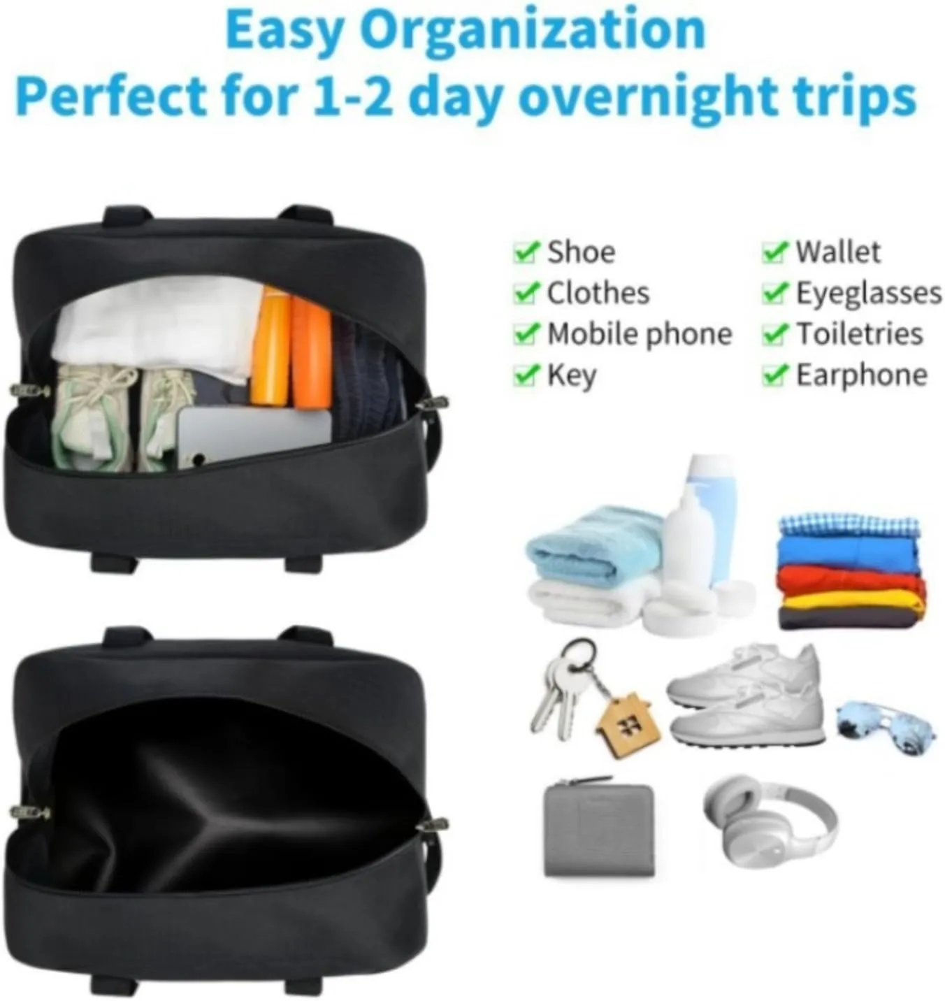 Mini Gym Bags for Women, Adjustable Shoulder Luggage Bag, Lightweight Foldable Carry On Bag, Water-Resistant Travel Duffle Bag, Travel Duffle Bag Sports Gym (Style C-Black)