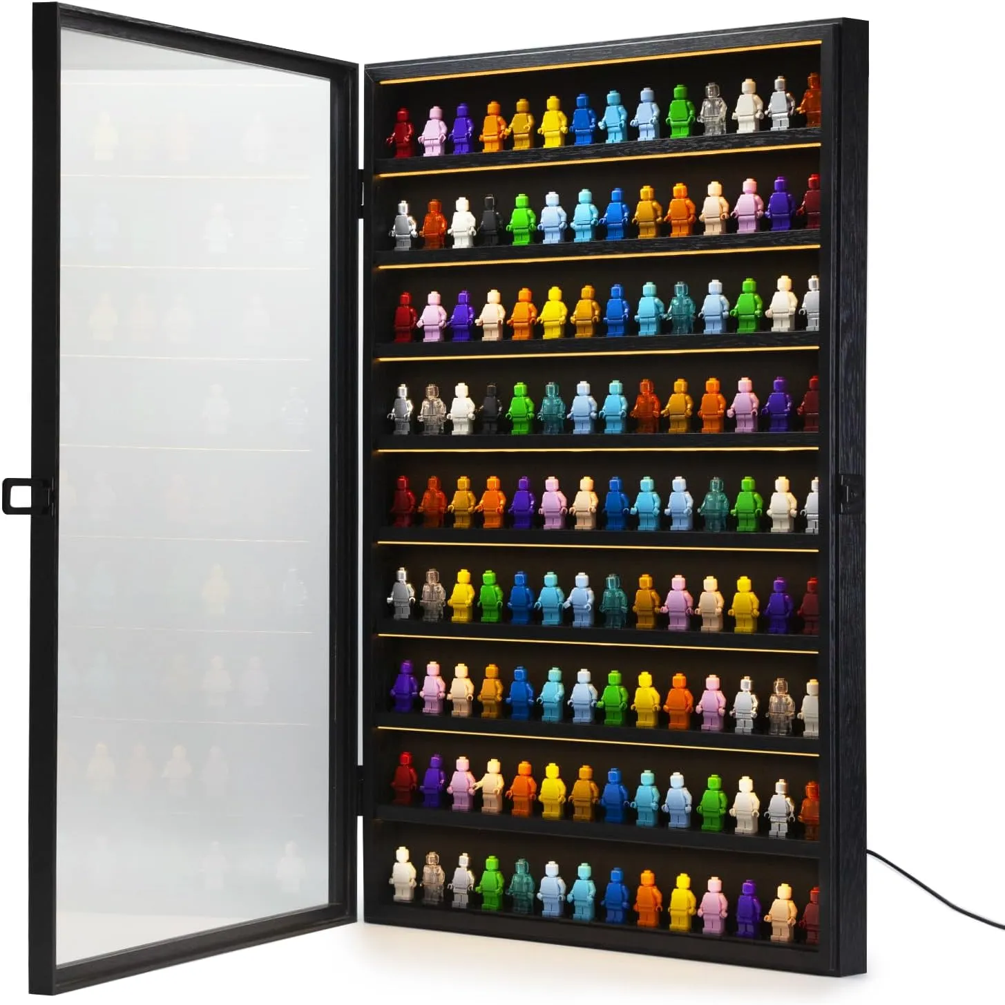 Minifigure Collectors Showcase with LED Light, Miniature Display Case, Building Block Wooden Display Box Wall Mount, Mini Figures Toy Lockable Shadow Box for Collecting Miniature Figurine