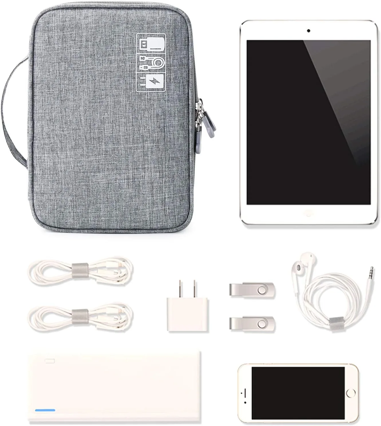 MIRLEWAIY Portable Electronics Accessories Organizer Bag Travel Charger Cable Storage Soft Case Double Layer for Hard Drives, Cord, USB, SD Cards Carrying, Grey