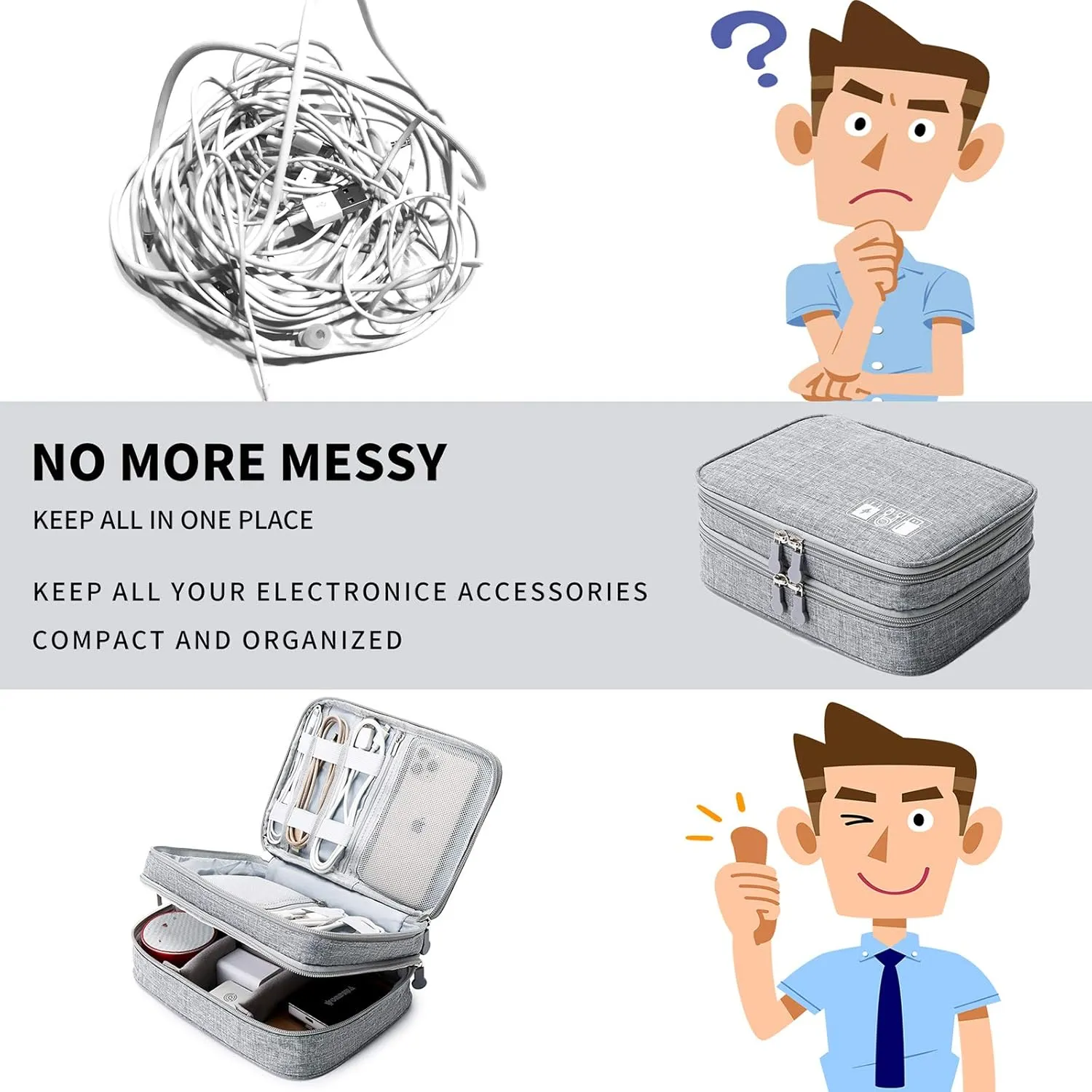 MIRLEWAIY Portable Electronics Accessories Organizer Bag Travel Charger Cable Storage Soft Case Double Layer for Hard Drives, Cord, USB, SD Cards Carrying, Grey