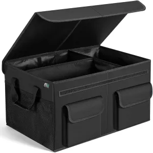 MIU COLOR Car Trunk Organizer with Lid, Collapsible Car Storage Organizer with Reinforced Leather Handles, Non-Slip Bottom, Trunk Organizer for SUV, Van, Jeep (Black with Strap, Extra Large)