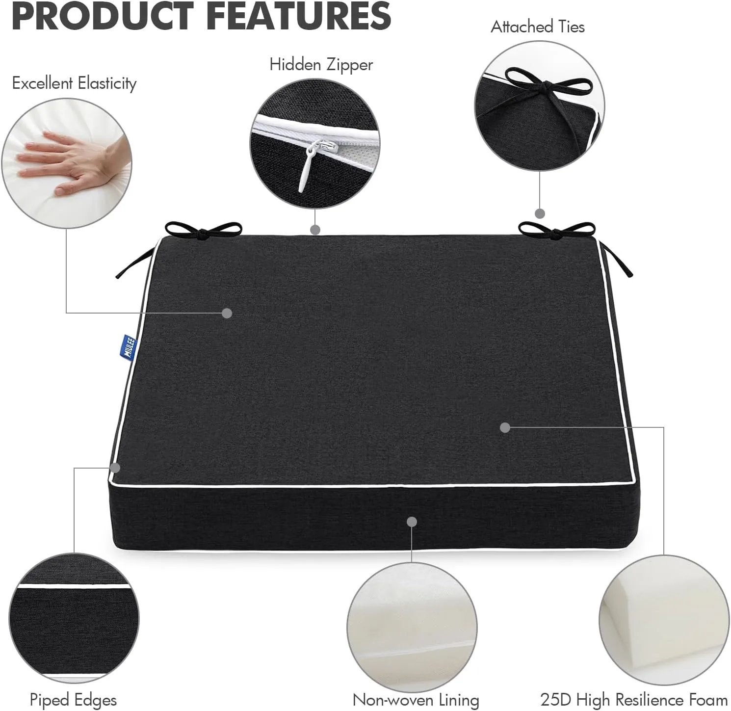MIULEE 19 x 19 x 3 Inch Outdoor Chair Cushions,Waterproof Seat Cushions for Patio Furniture Garden with Ties Patio Chair Cushions Set of 2,Black