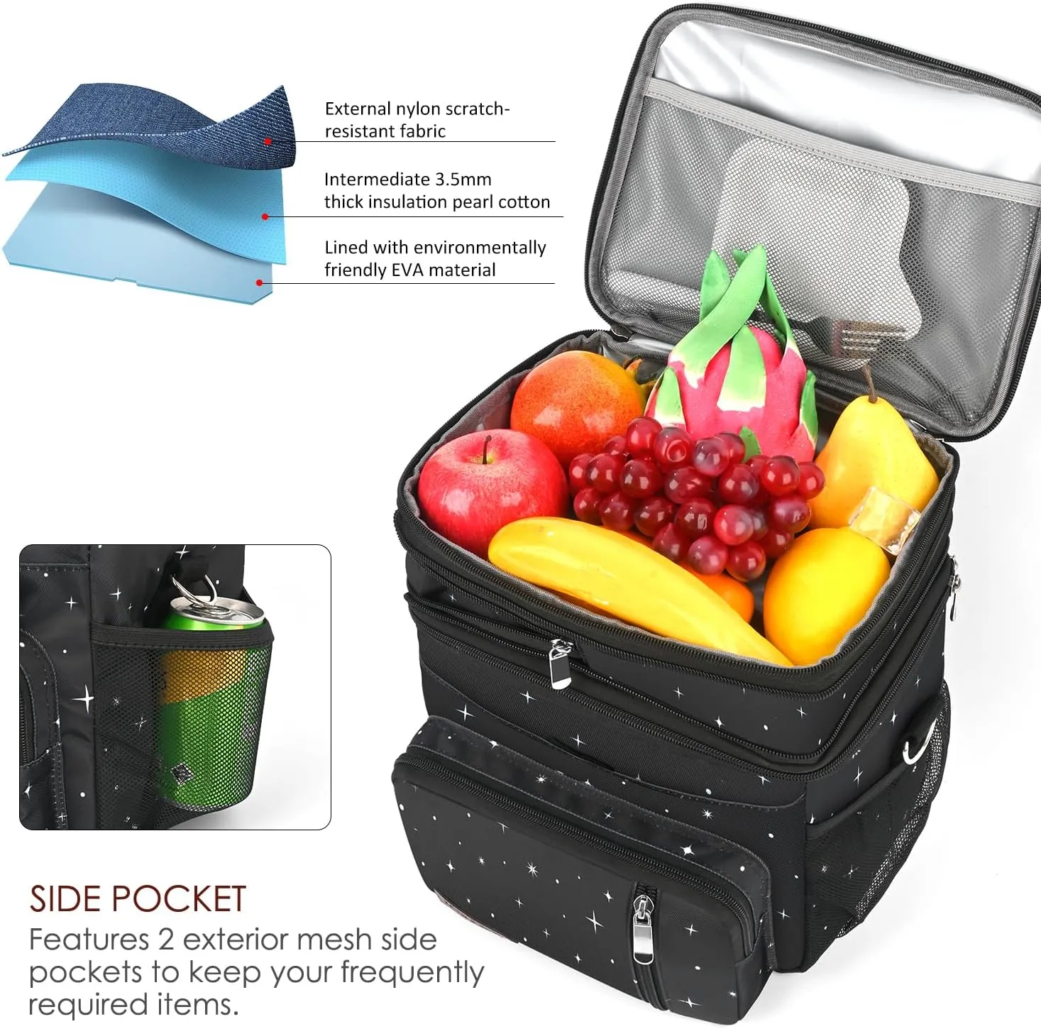 MIYCOO Lunch Bag & Lunch Box for Men Women Double Deck - Leakproof Insulated Soft Large Adult Lunch Cooler Bag for Work (Black Starry Sky,15L)