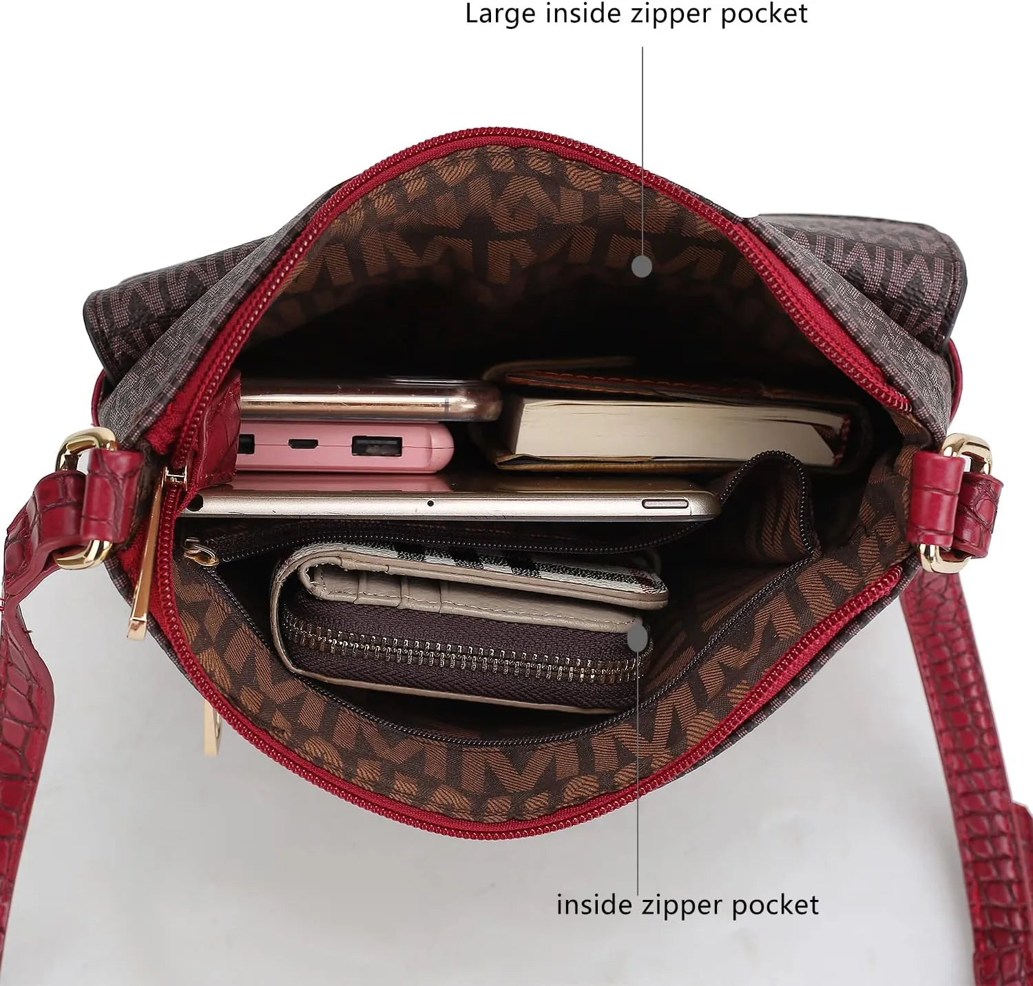 MKF Crossbody Bag for Women – PU Leather Pocketbook Handbag Triple Compartment Messenger Purse – Shoulder Strap