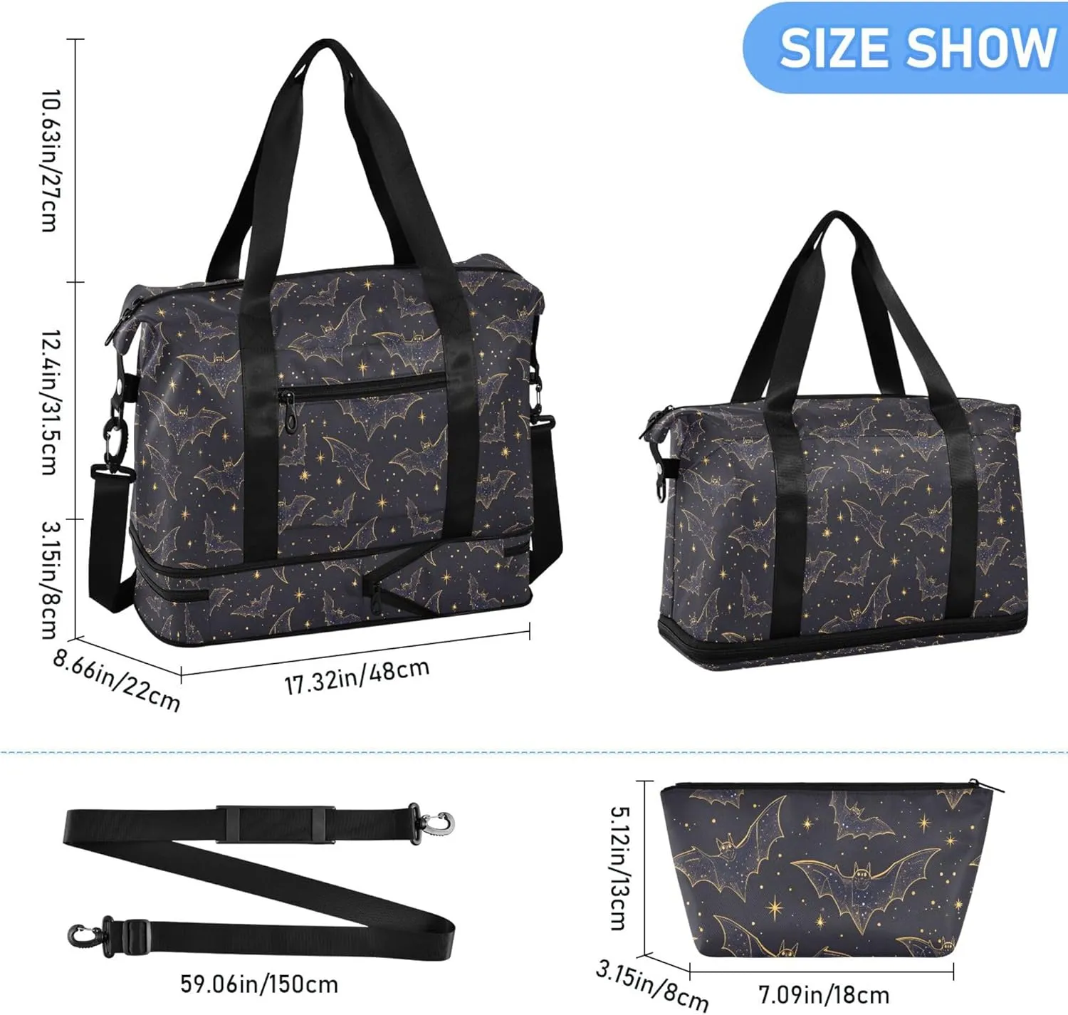 MNSRUU Bats Stars Sports Duffel Bag, Wet Pocket Weekender Overnight Bag, Gym Bag, Carry On Bag, Hospital Bag for Women & Men