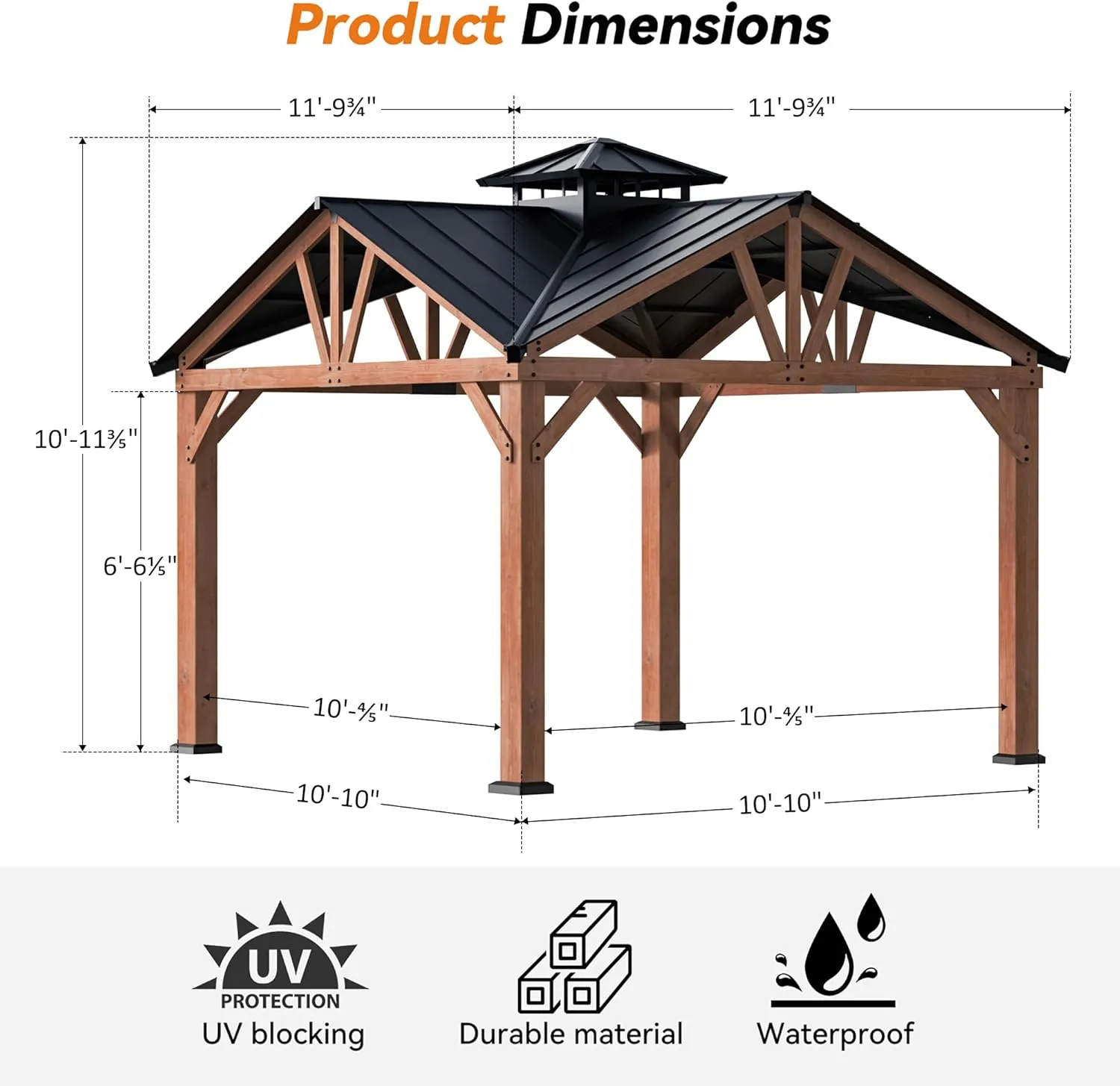 Modern Shade Cedar Wood Gazebo 12’ x 12’, Heavy Duty Hardtop Gazebo with Steel Roof, Water Resistant, Wind Resistant, Solid Wood Framed Pavilion, Perfect for Your Permanent Outdoor Pavilion