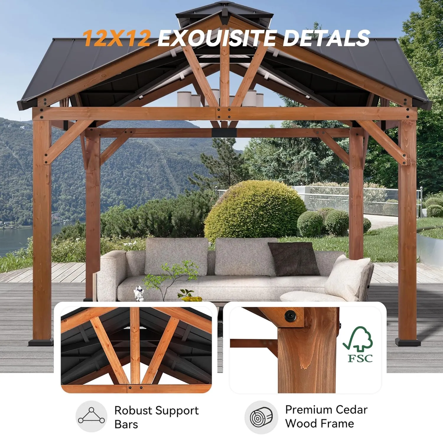 Modern Shade Cedar Wood Gazebo 12’ x 12’, Heavy Duty Hardtop Gazebo with Steel Roof, Water Resistant, Wind Resistant, Solid Wood Framed Pavilion, Perfect for Your Permanent Outdoor Pavilion