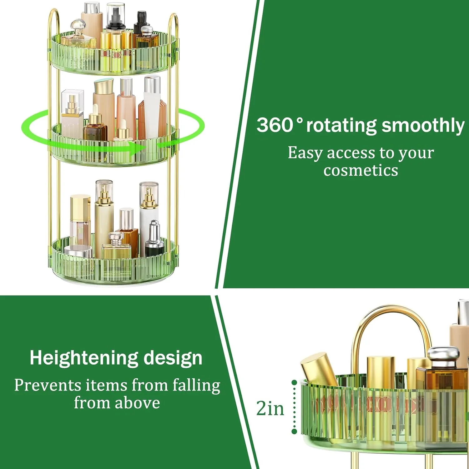 MOKANI 360 Rotating Makeup Organizer for Vanity, 3 Tier Adjustable Perfume Organizer for Dresser, Multi-Function Spinning Cosmetics Skincare Storage for Bedroom, Dresser, Countertop, Green