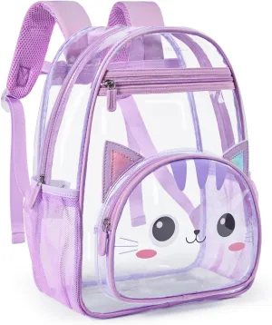 mommore Clear Backpack for Kids Cartoon Kitty Backpack for Girls 4-8 Water-Resistant See Through Cartoon Toddler Bookbag with Chest Strap for Preschool Kindergarten Travel, Purple