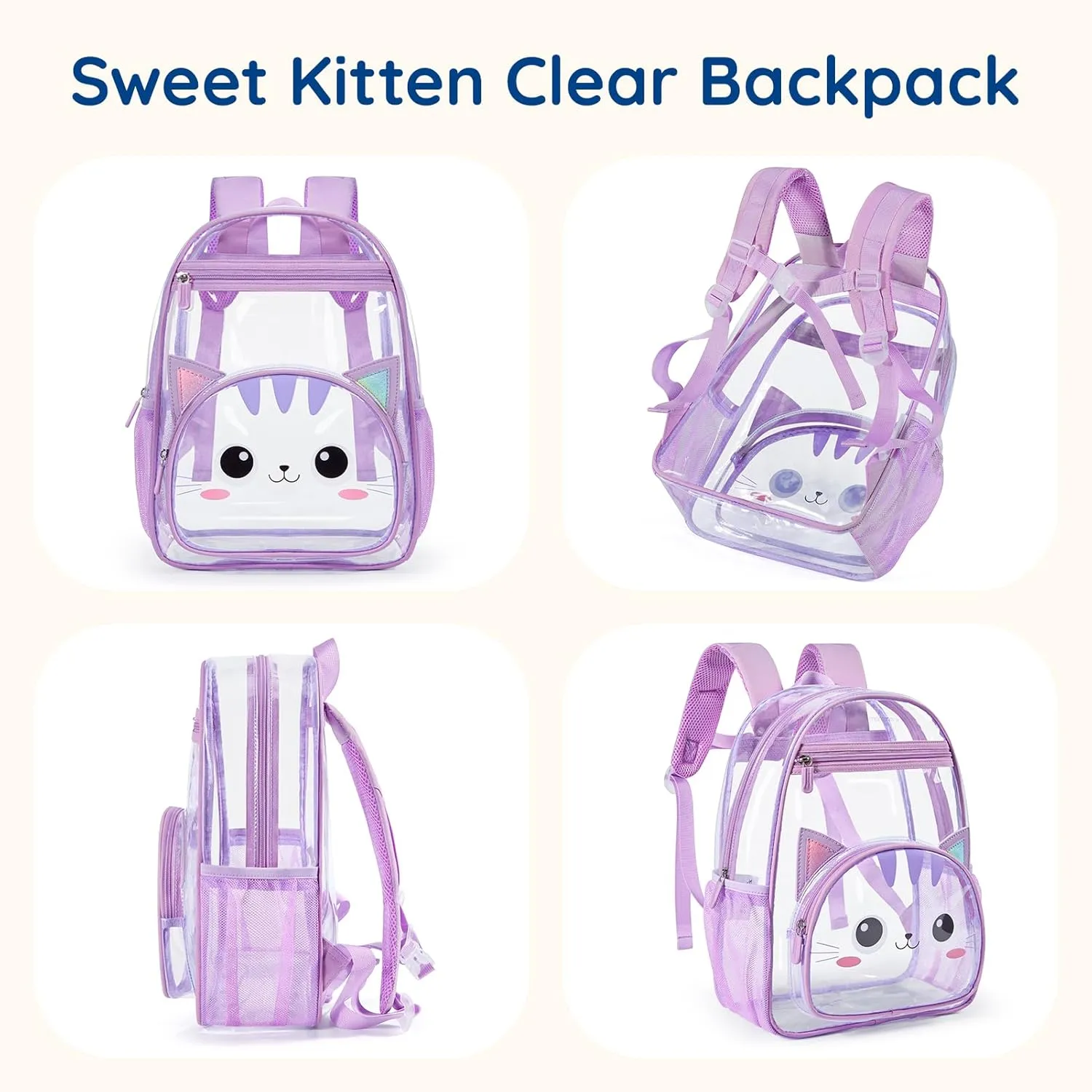 mommore Clear Backpack for Kids Cartoon Kitty Backpack for Girls 4-8 Water-Resistant See Through Cartoon Toddler Bookbag with Chest Strap for Preschool Kindergarten Travel, Purple