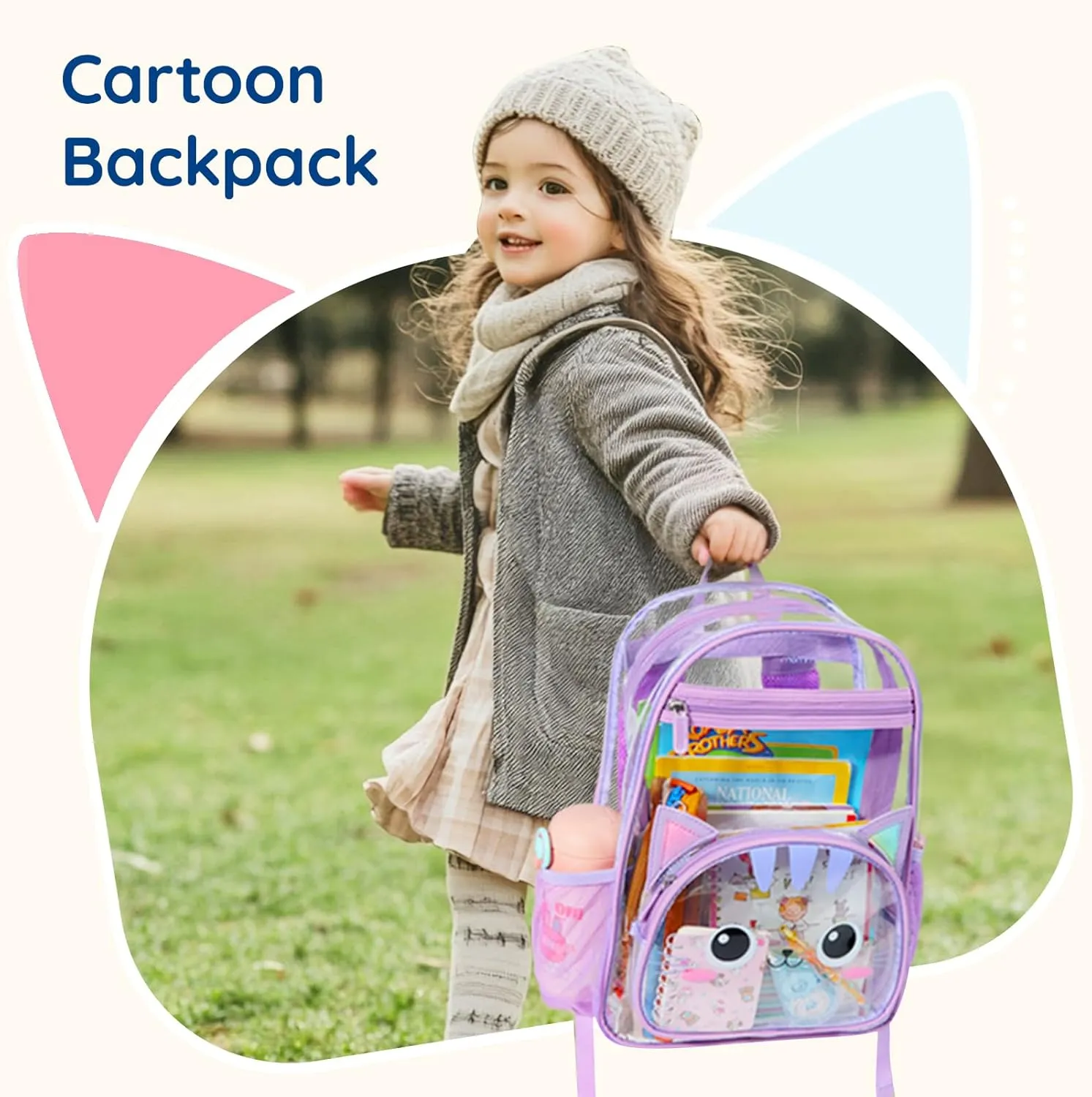 mommore Clear Backpack for Kids Cartoon Kitty Backpack for Girls 4-8 Water-Resistant See Through Cartoon Toddler Bookbag with Chest Strap for Preschool Kindergarten Travel, Purple