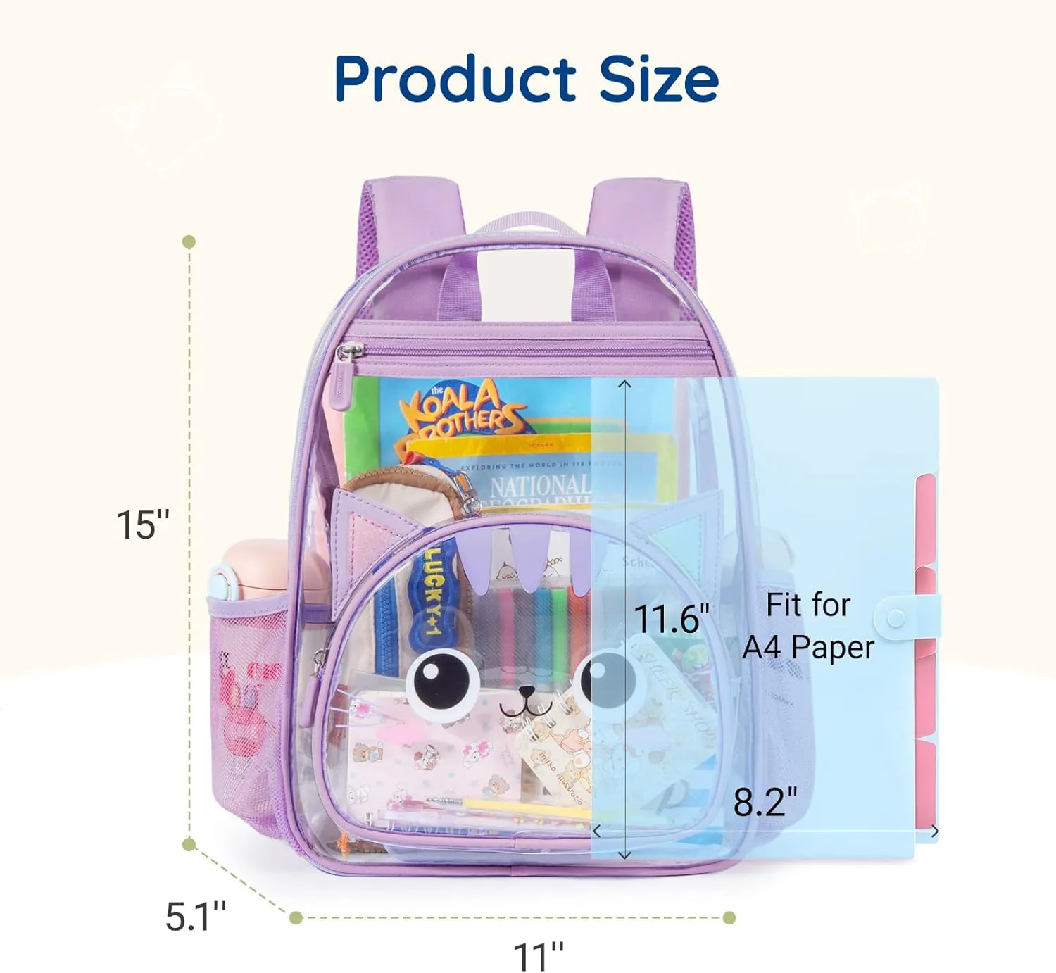 mommore Clear Backpack for Kids Cartoon Kitty Backpack for Girls 4-8 Water-Resistant See Through Cartoon Toddler Bookbag with Chest Strap for Preschool Kindergarten Travel, Purple
