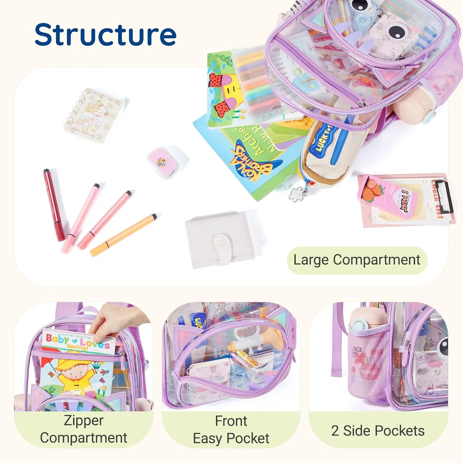 mommore Clear Backpack for Kids Cartoon Kitty Backpack for Girls 4-8 Water-Resistant See Through Cartoon Toddler Bookbag with Chest Strap for Preschool Kindergarten Travel, Purple