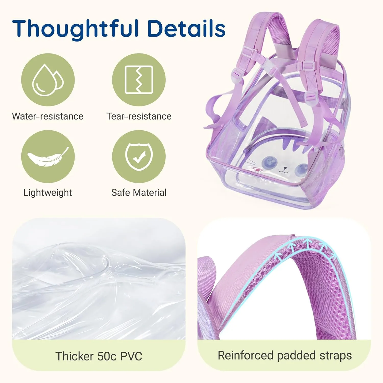 mommore Clear Backpack for Kids Cartoon Kitty Backpack for Girls 4-8 Water-Resistant See Through Cartoon Toddler Bookbag with Chest Strap for Preschool Kindergarten Travel, Purple
