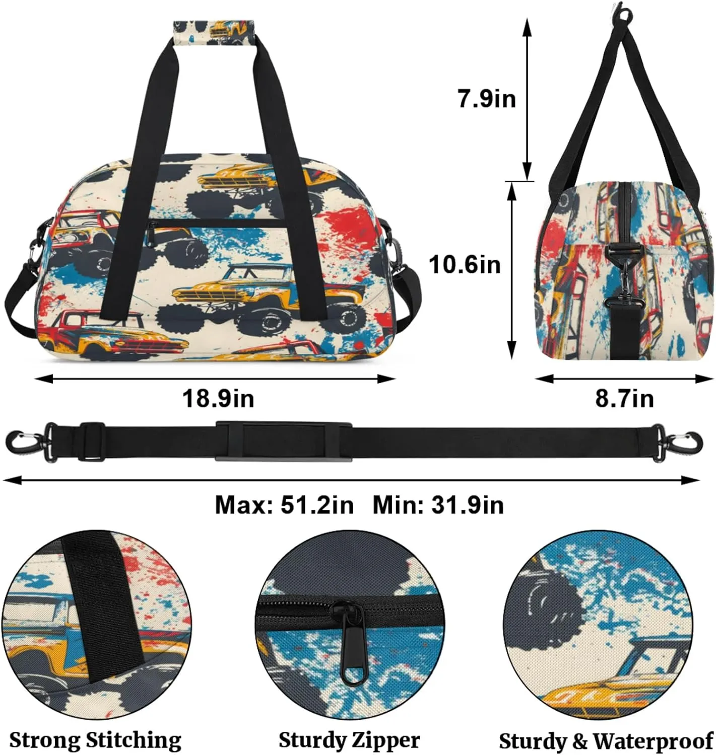 Monster Trucks Cars Gym Bag for Women Men, Sports Travel Duffel Bag Lightweight Workout Bag Carry On Overnight Weekender Bag