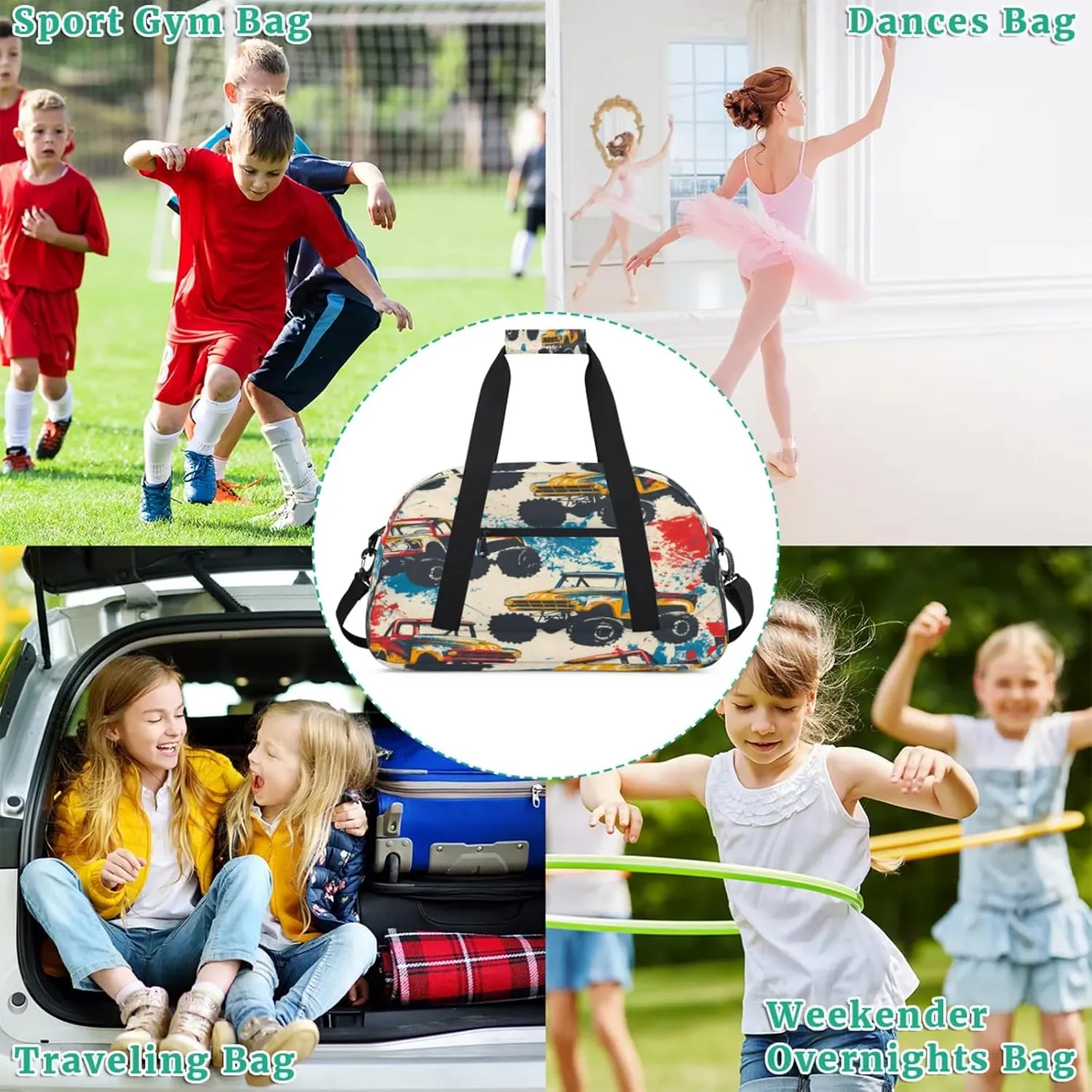 Monster Trucks Cars Gym Bag for Women Men, Sports Travel Duffel Bag Lightweight Workout Bag Carry On Overnight Weekender Bag