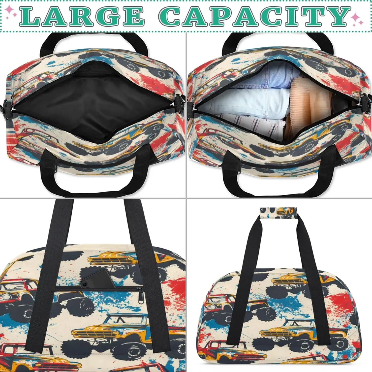 Monster Trucks Cars Gym Bag for Women Men, Sports Travel Duffel Bag Lightweight Workout Bag Carry On Overnight Weekender Bag