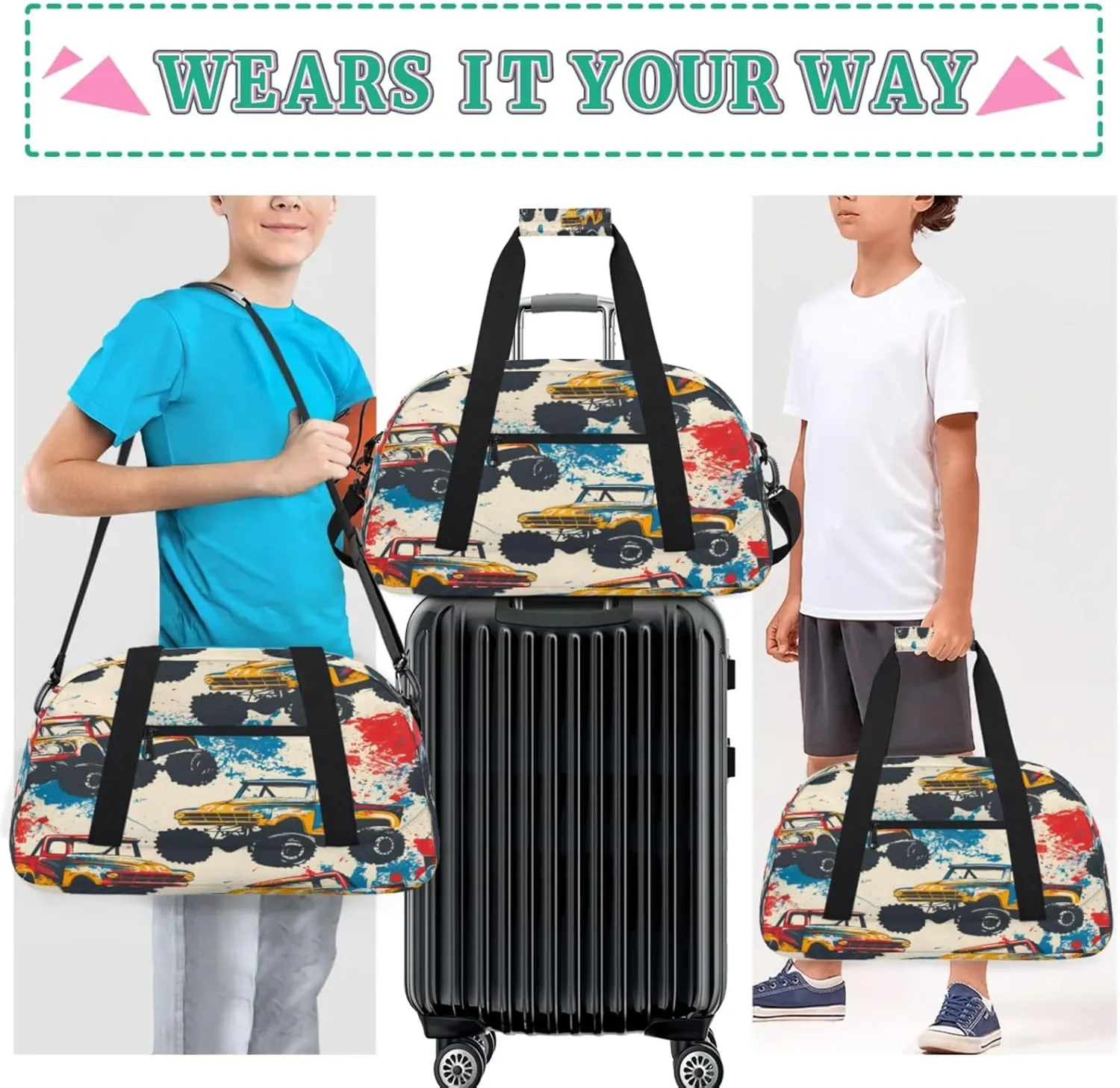 Monster Trucks Cars Gym Bag for Women Men, Sports Travel Duffel Bag Lightweight Workout Bag Carry On Overnight Weekender Bag