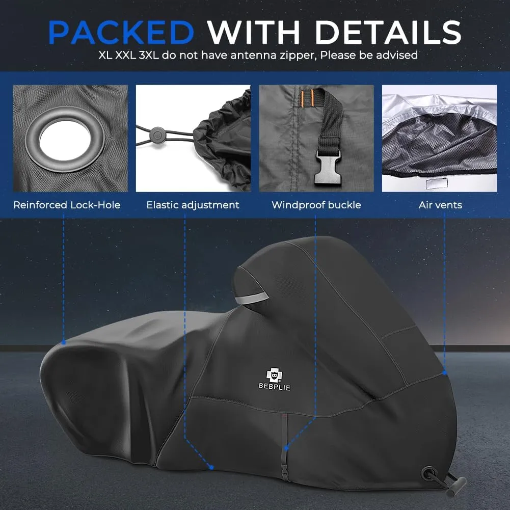 Motorcycle Cover Heavy Duty All Season Universal Weather Waterproof Sun Outdoor Protection Durable Night Reflective& 96" XXL Vehicle Cover Black