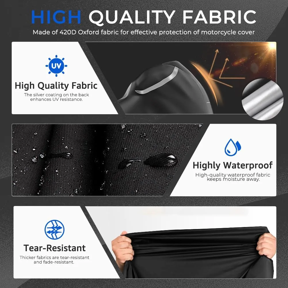 Motorcycle Cover Heavy Duty All Season Universal Weather Waterproof Sun Outdoor Protection Durable Night Reflective& 96" XXL Vehicle Cover Black