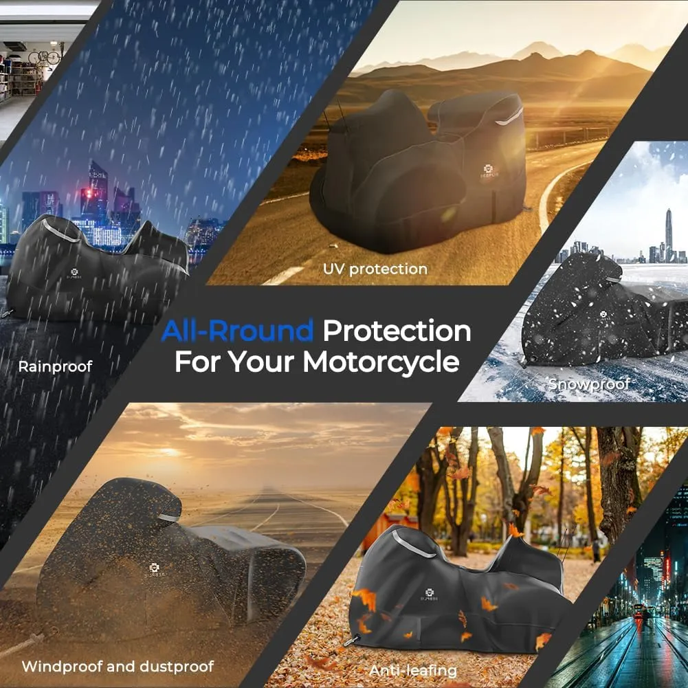Motorcycle Cover Heavy Duty All Season Universal Weather Waterproof Sun Outdoor Protection Durable Night Reflective& 96" XXL Vehicle Cover Black
